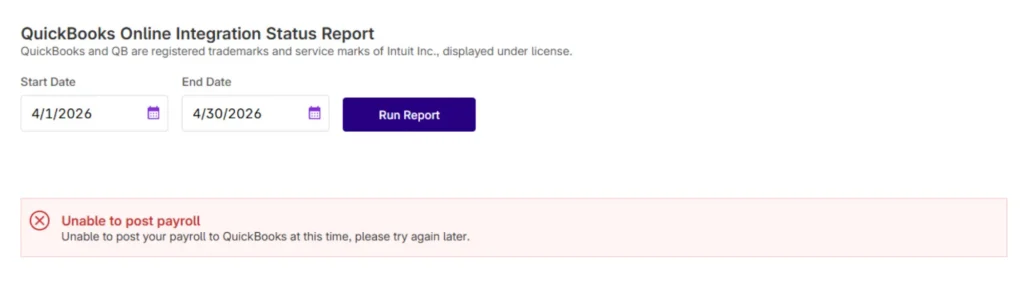 Example of error message when qbo integration does not post.