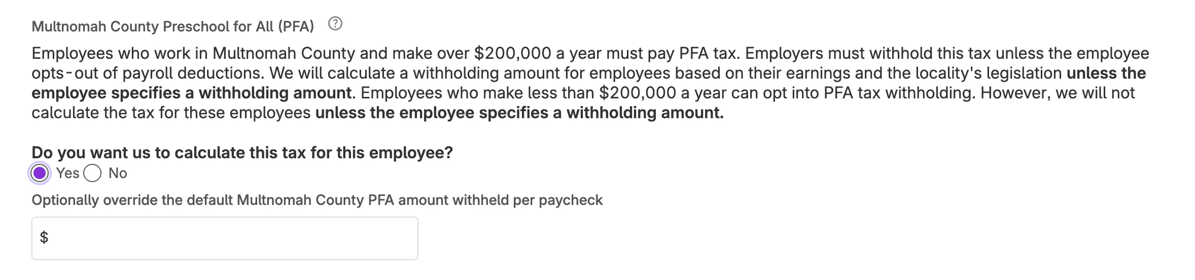 Example of opting in to Multnomah tax in Patriot Software