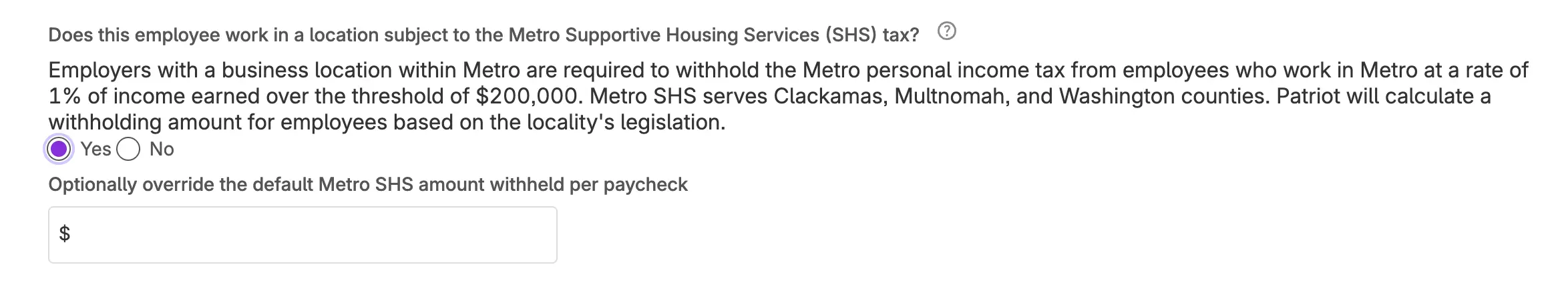 Metro Supportive Housing Services (SHS) tax settings in Patriot Software