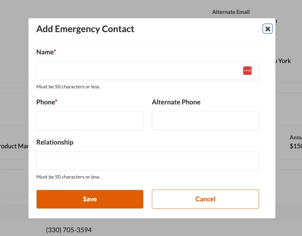 Example of emergency contact fields in the My Patriot Employee Portal