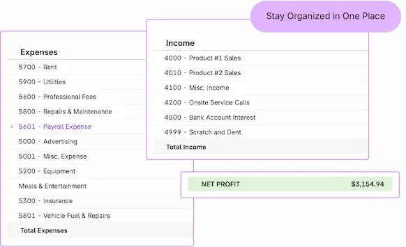 Stay Organized in One Place: profit and Loss screenshot snippets showing expenses, income, and net profit.