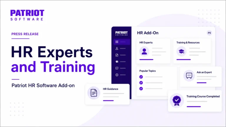 image of patriot software announcing HR experts and training hr add-on with mock up of hr guidance and training topics