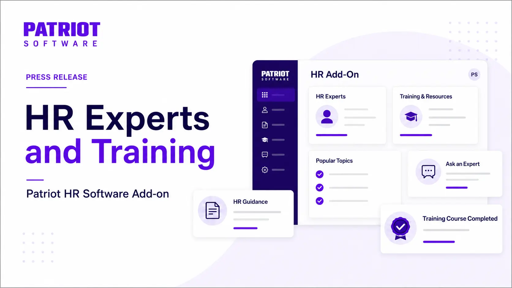 image of patriot software announcing HR experts and training hr add-on with mock up of hr guidance and training topics