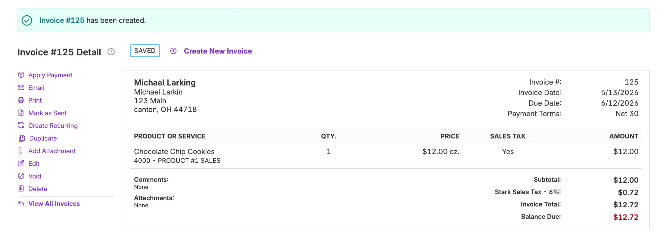 example of invoice action links in Patriot accounting