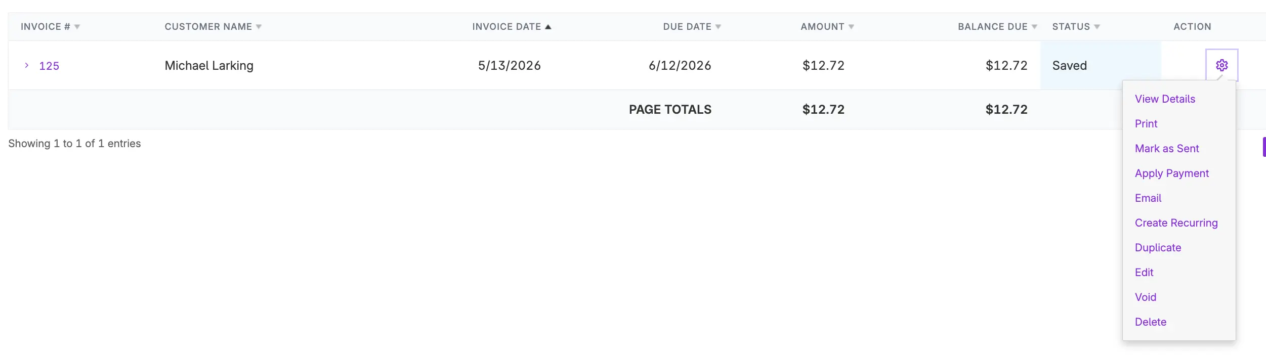 example of action gear icon on invoice list in Patriot accounting