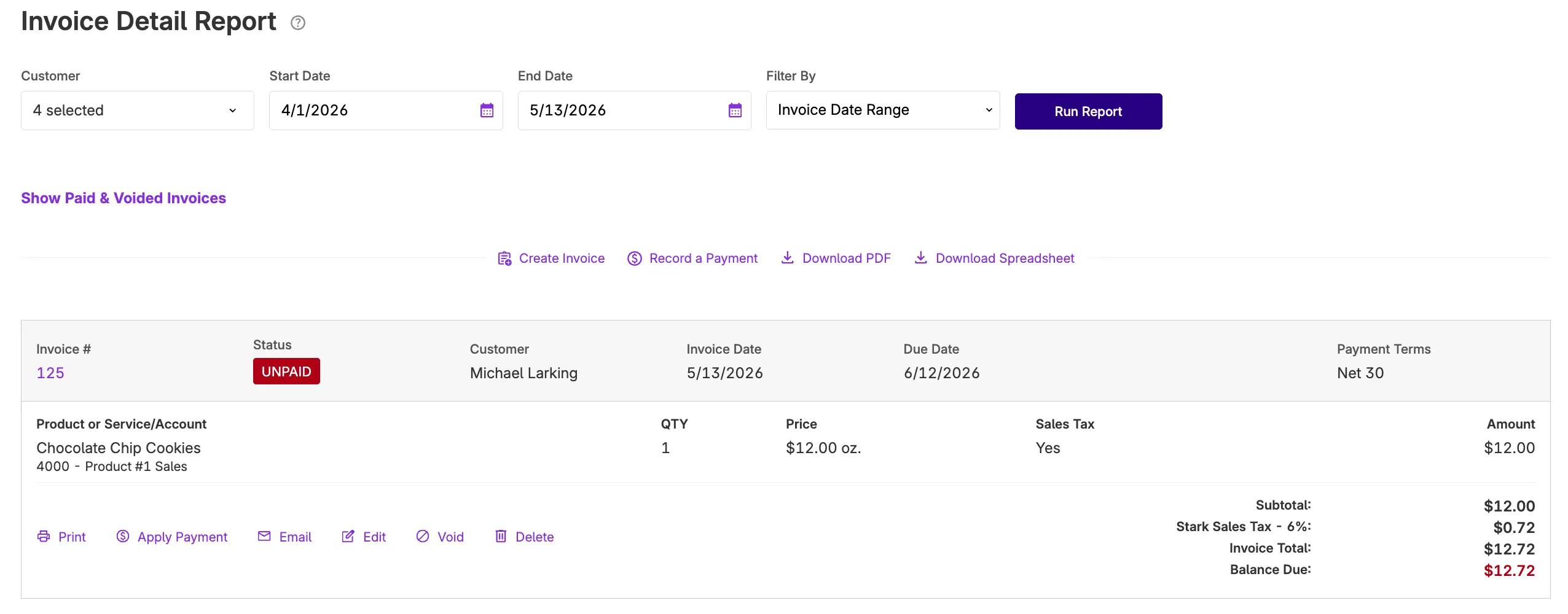 example of how to email an invoice from the invoice detail report in Patriot accounting