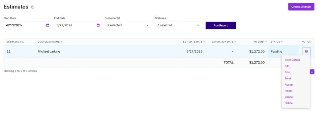 example of action links available under the settings cog on the Estimates list
