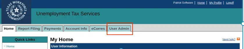 TWC screenshot with user admin tab called out in a red box