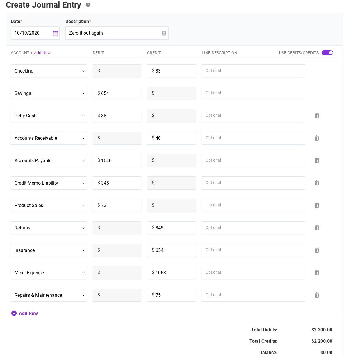 The Account Trial Balances report after the zeroing journal entry has been posted. All account balances show $0.00 across the board