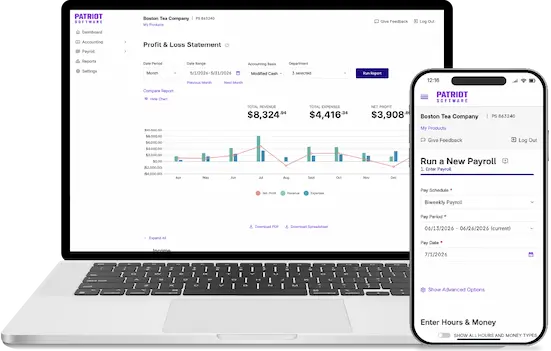 Screenshots of Patriot's accounting and payroll software on devices
