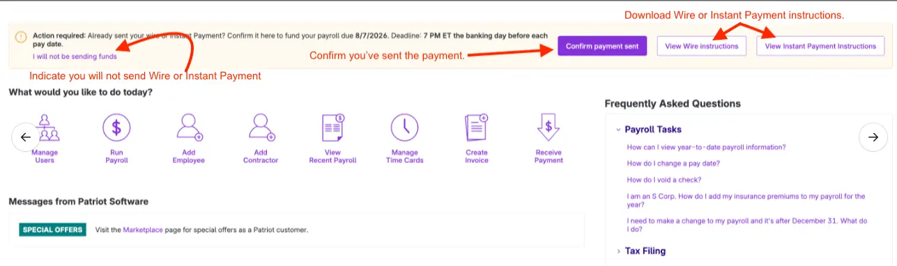 banner to indicate funding has been sent, download instructions, or indicate you will not be sending a payment.
