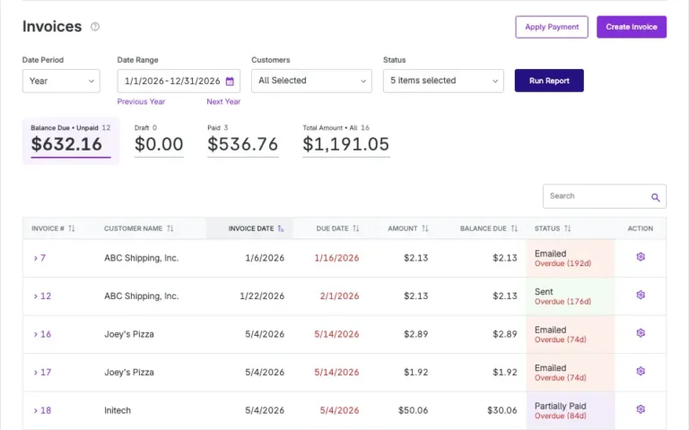 example of the invoice list with new summary metrics cards