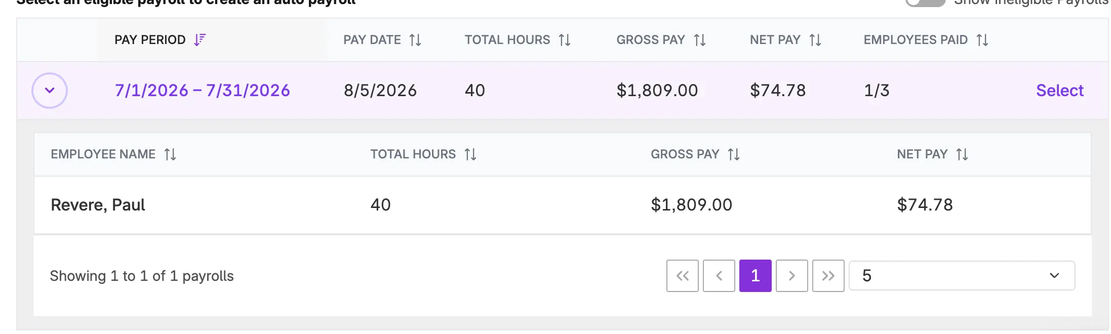 selecting a previous payroll for auto payroll