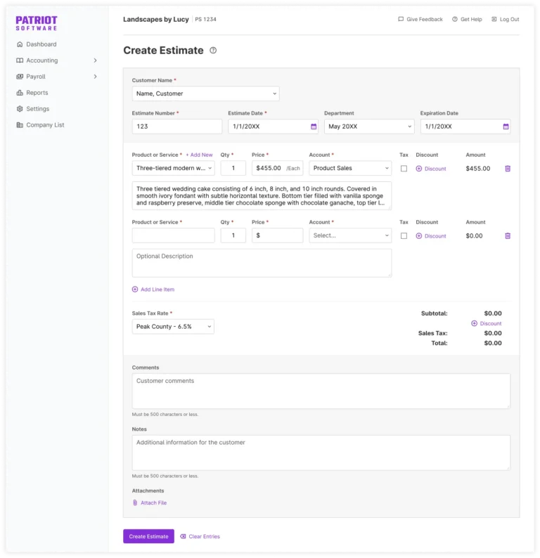 example of estimate page in Patriot software accounting