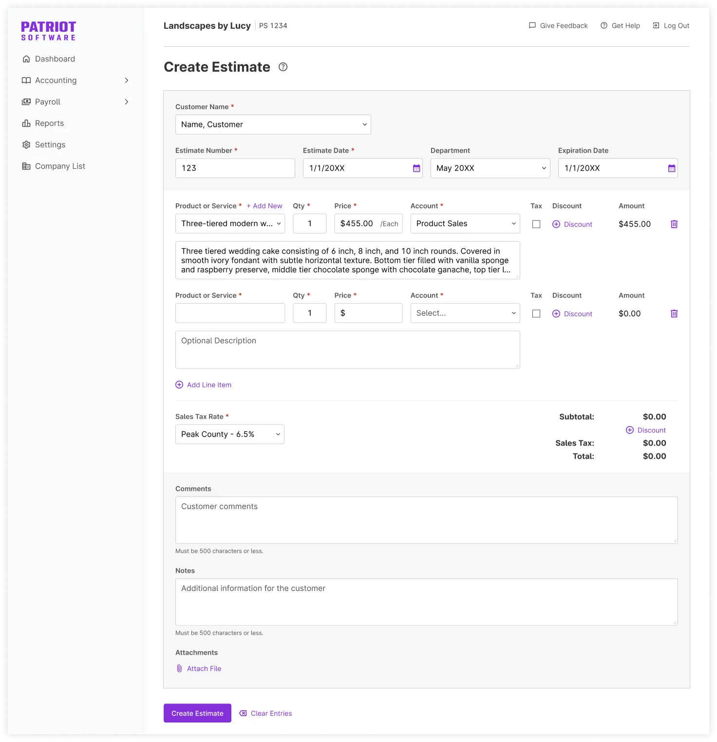 example of estimate page in Patriot software accounting