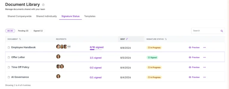 a view of document signature status on templates and documents in Patriot HR
