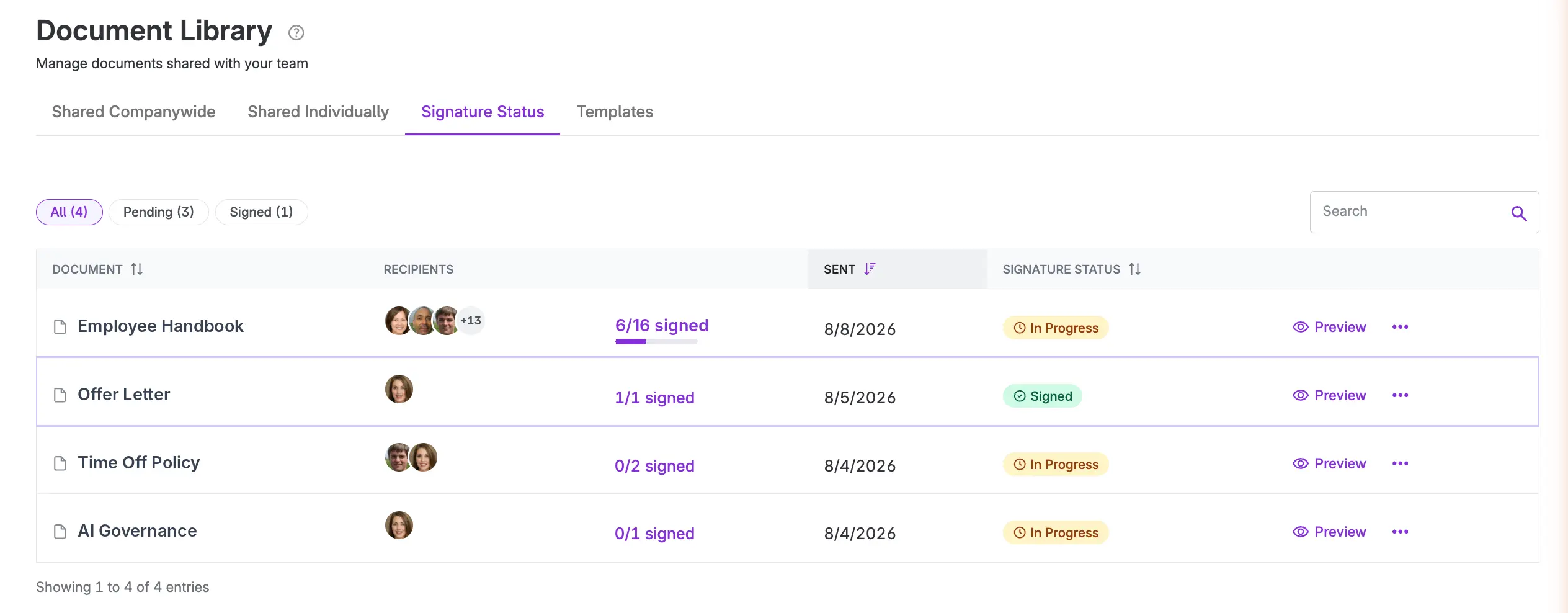 a view of document signature status on templates and documents in Patriot HR