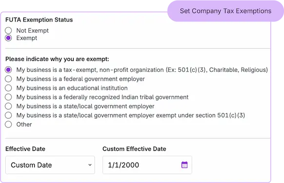 Company tax settings in Patriot's payroll software.