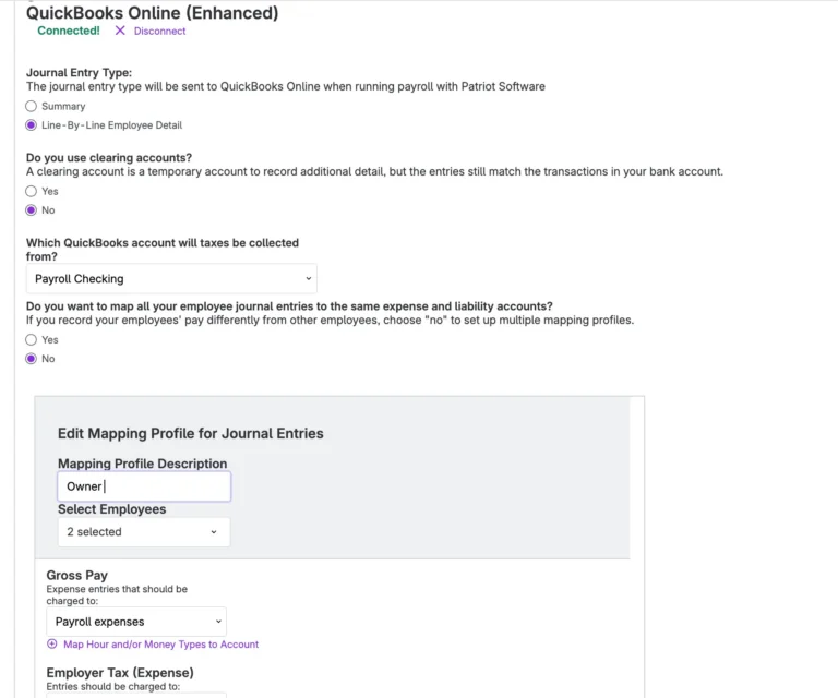 Integration page in Patriot payroll for Quickbooks online accounting.