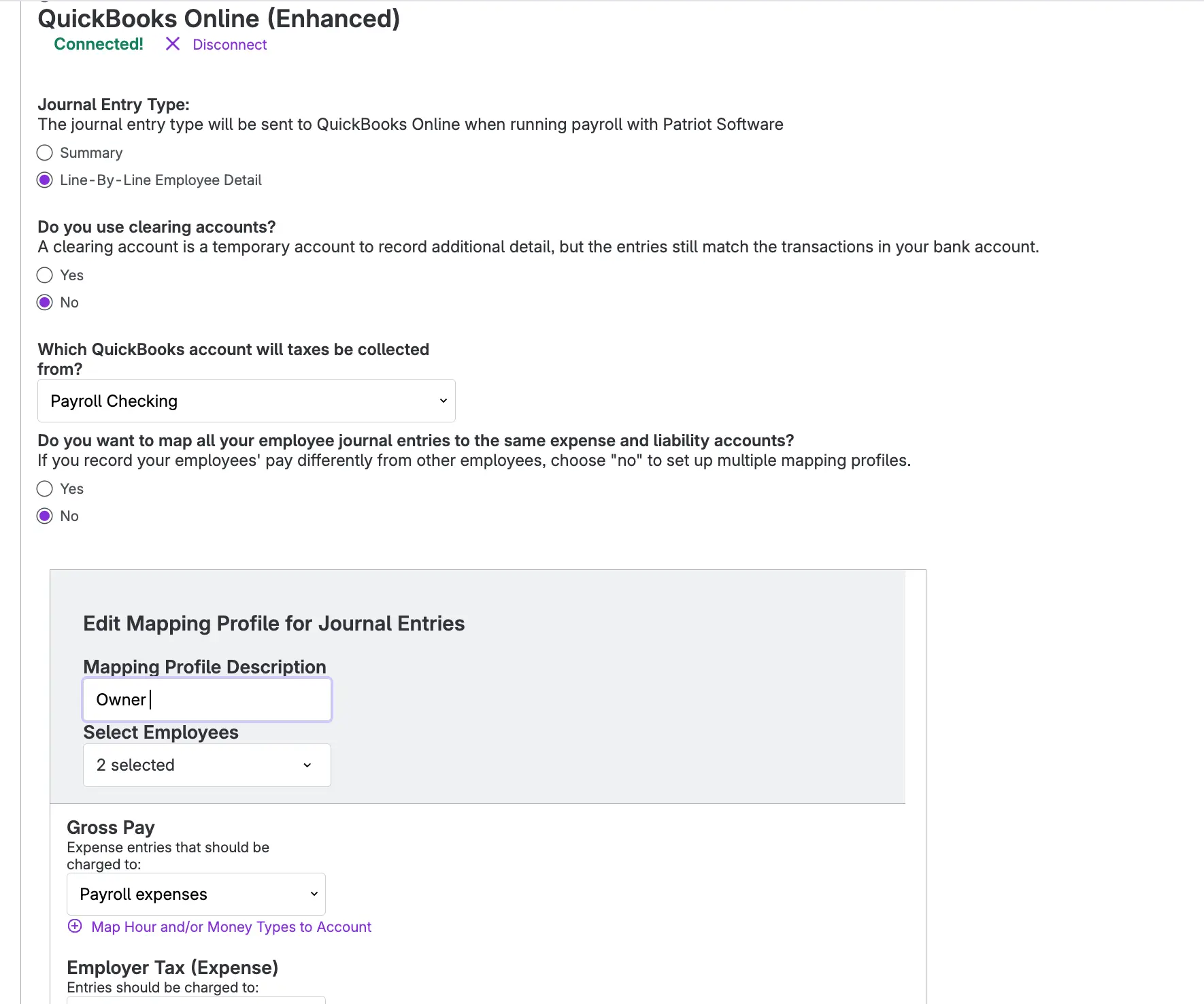 Integration page in Patriot payroll for Quickbooks online accounting.