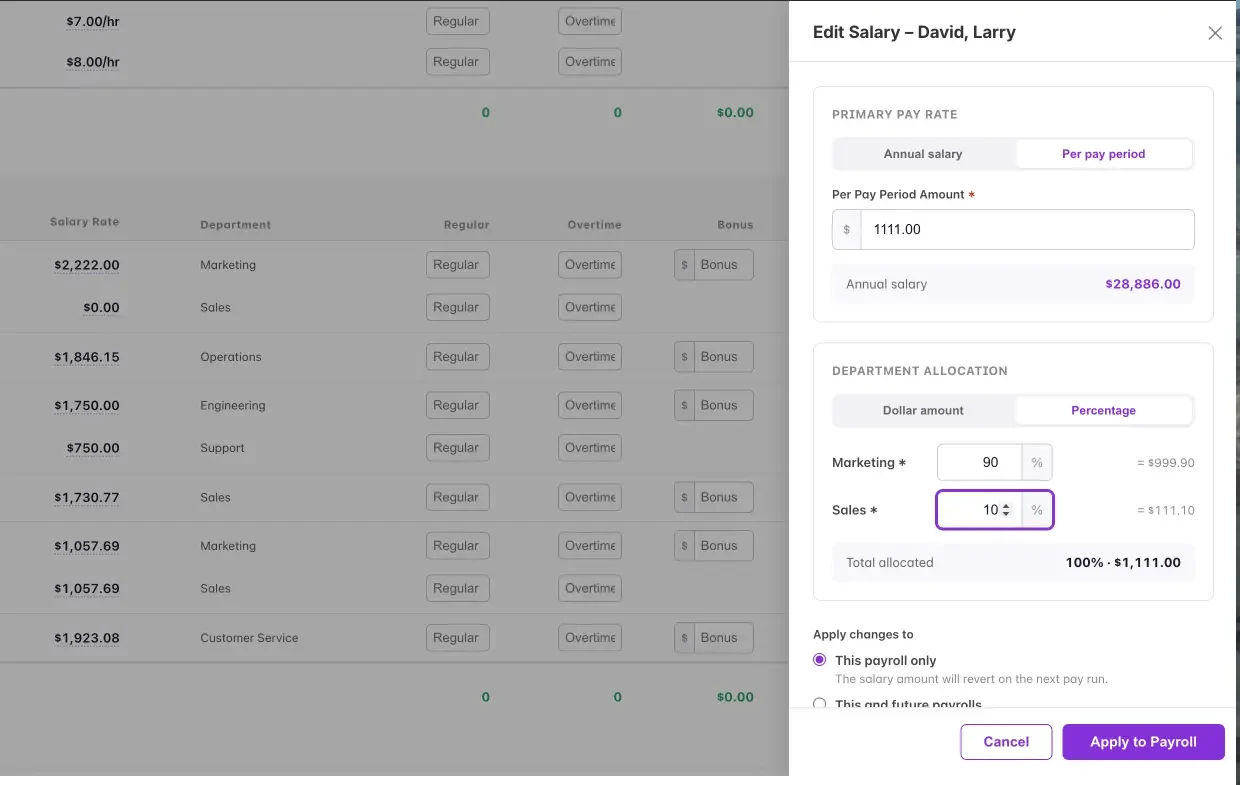 Example of editing a salary for an employee on payroll step one of Patriot payroll.