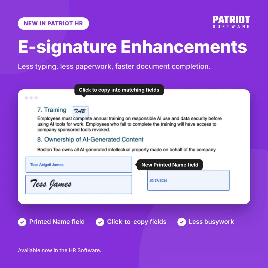 Esignature example with printed name field and printed initials