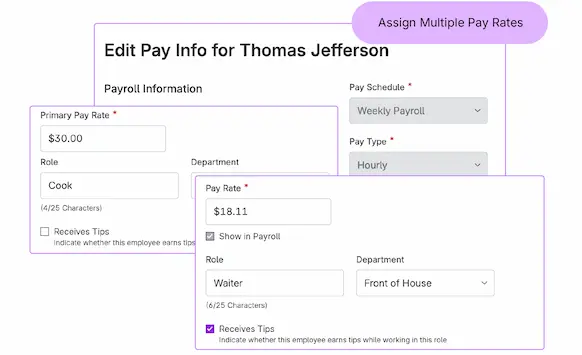 Screenshots of multiple pay rates being set in Patriot.