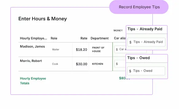 Screenshots of tip fields in Run Payroll.