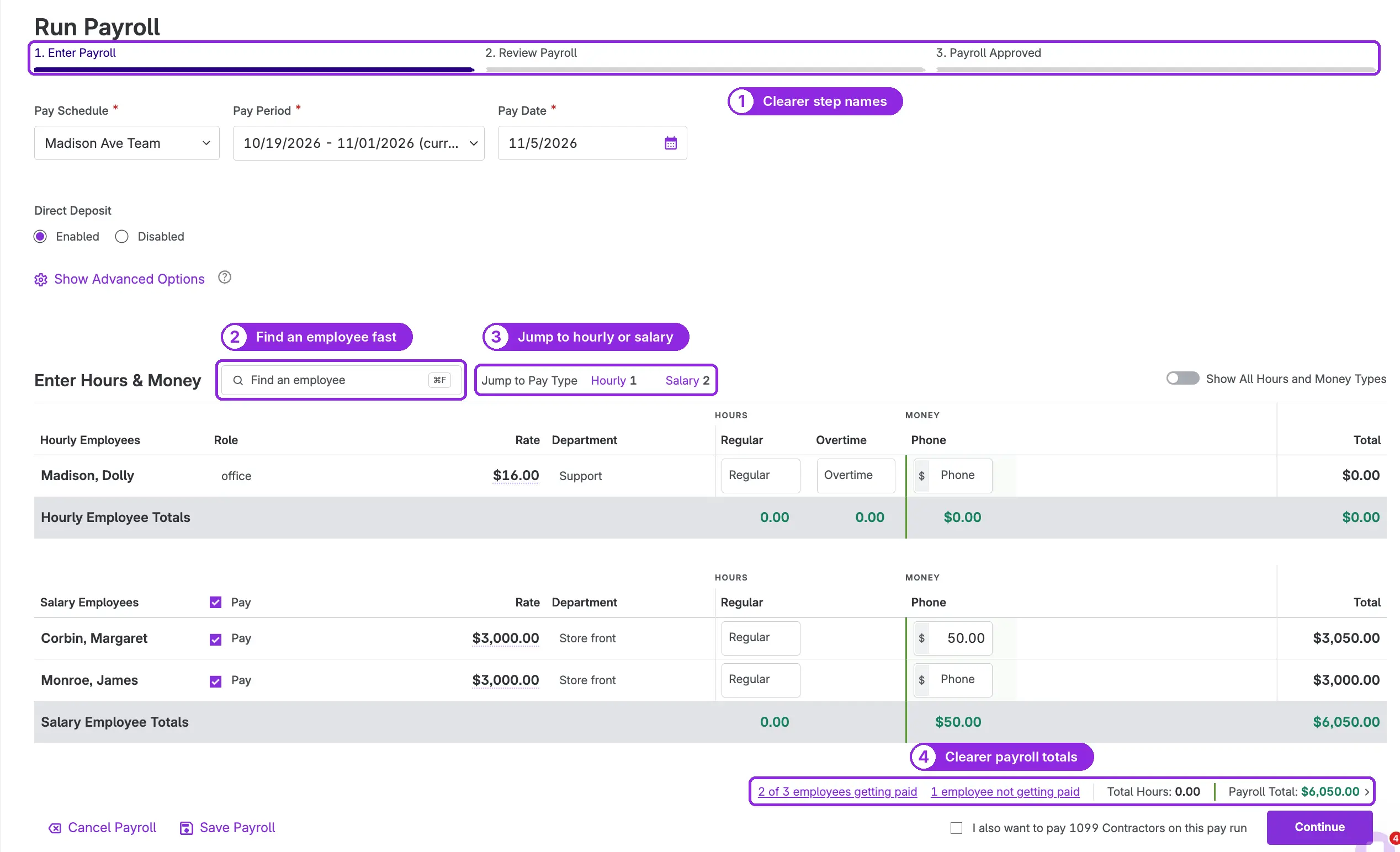 payroll step one in Patriot Software with annotated updates to the page