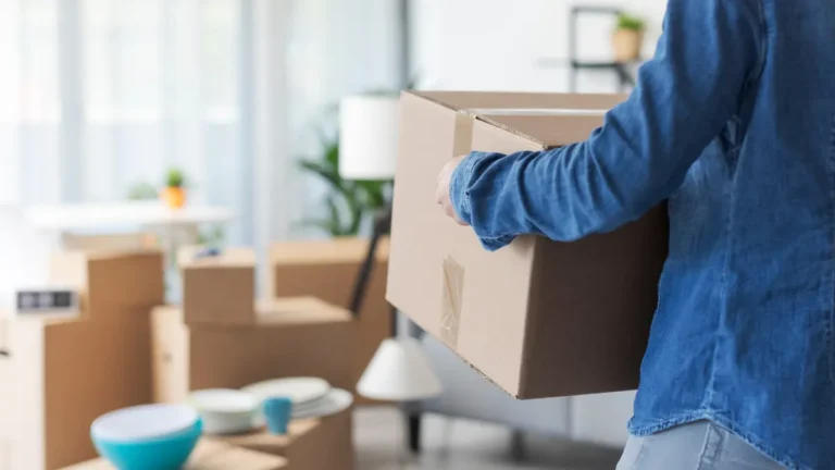 Employee holding boxes moving to a new state.